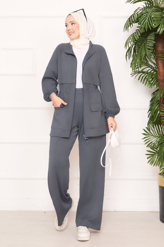 Beli Ayarlanabilir Cep Detaylı Tesettür İkili Takım Antrasit