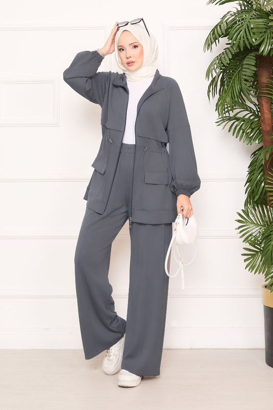 Beli Ayarlanabilir Cep Detaylı Tesettür İkili Takım Antrasit