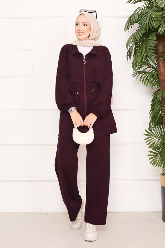 Beli Ayarlanabilir Cep Detaylı Tesettür İkili Takım Bordo