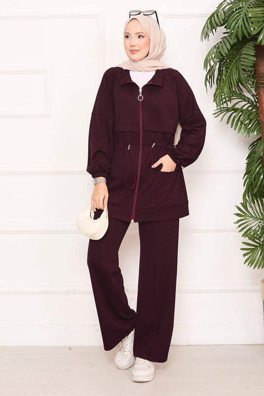 Beli Ayarlanabilir Cep Detaylı Tesettür İkili Takım Bordo