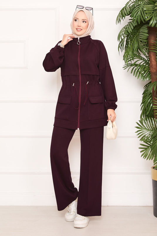 Beli Ayarlanabilir Cep Detaylı Tesettür İkili Takım Bordo