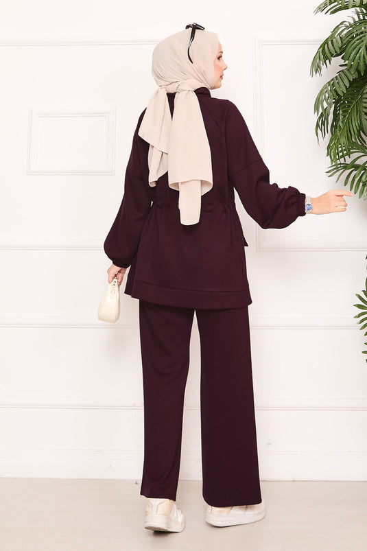 Beli Ayarlanabilir Cep Detaylı Tesettür İkili Takım Bordo