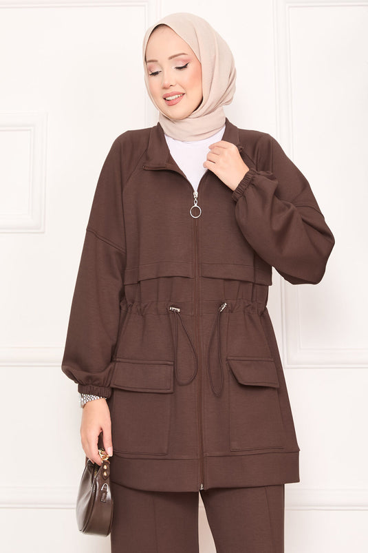 Adjustable Waist Pocket Detailed Hijab Two Piece Set Brown
