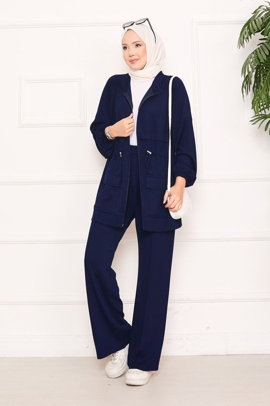 Beli Ayarlanabilir Cep Detaylı Tesettür İkili Takım Lacivert