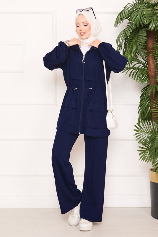 Beli Ayarlanabilir Cep Detaylı Tesettür İkili Takım Lacivert