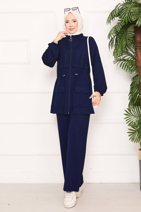 Beli Ayarlanabilir Cep Detaylı Tesettür İkili Takım Lacivert