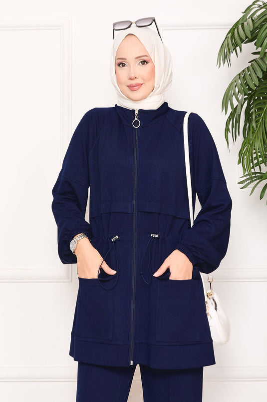 Beli Ayarlanabilir Cep Detaylı Tesettür İkili Takım Lacivert