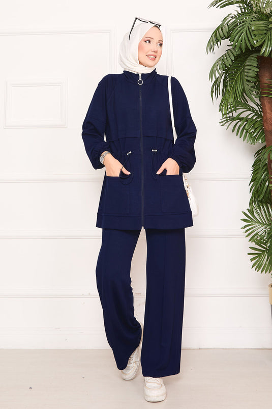 Beli Ayarlanabilir Cep Detaylı Tesettür İkili Takım Lacivert