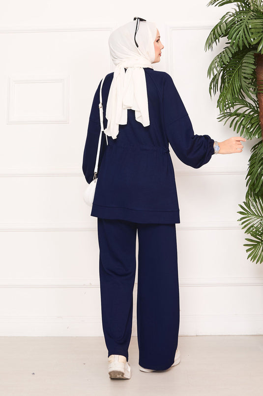 Beli Ayarlanabilir Cep Detaylı Tesettür İkili Takım Lacivert