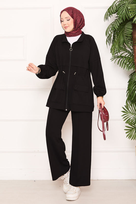 طقم حجاب مكون من قطعتين مع جيب خصر قابل للتعديل باللون الأسود