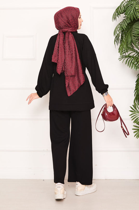 طقم حجاب مكون من قطعتين مع جيب خصر قابل للتعديل باللون الأسود