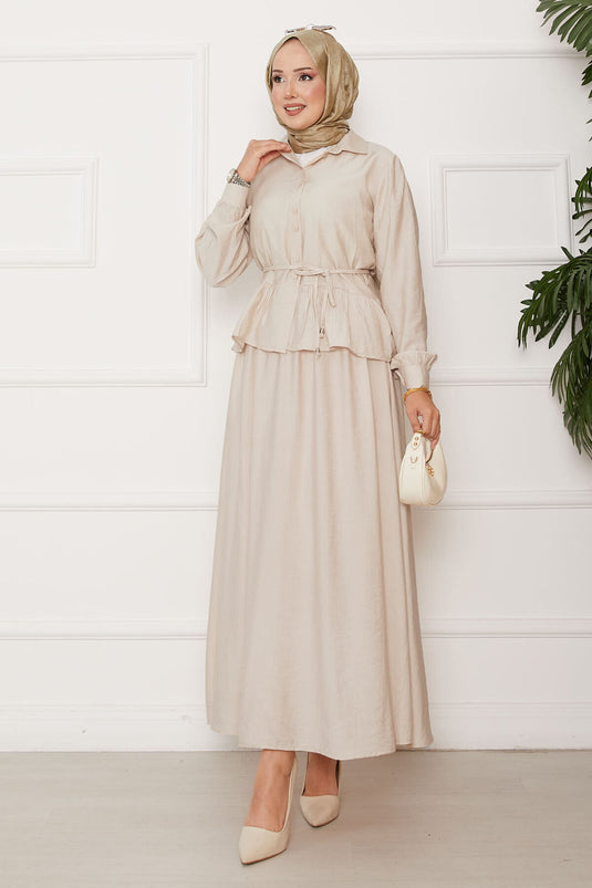 Ensemble deux pièces à jupe détaillée avec ceinture nouée à la taille et à la fraise Crème