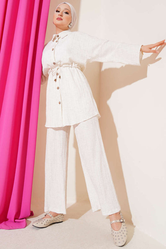 Beli Bağcıklı Önü Tahta Düğmeli İkili Takım Bej