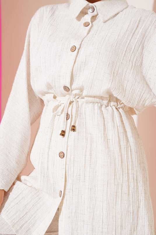 Beli Bağcıklı Önü Tahta Düğmeli İkili Takım Bej