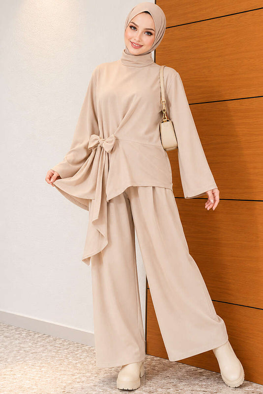 Belted Basic Two-Piece Set In Beige