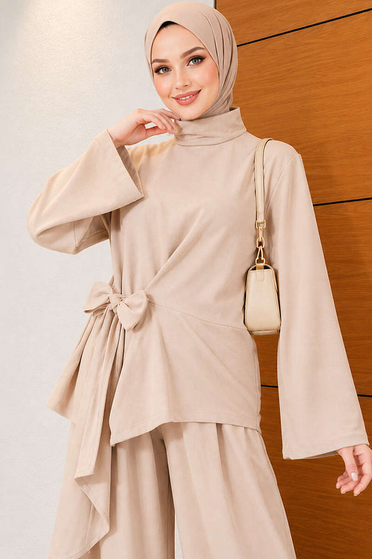Belted Basic Two-Piece Set In Beige
