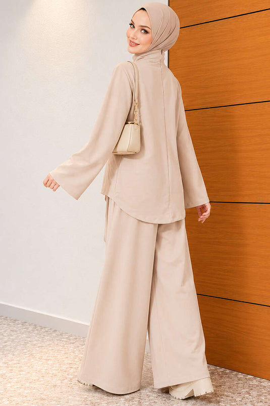 Belted Basic Two-Piece Set In Beige