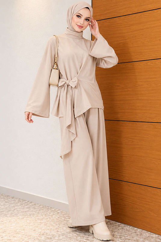 Belted Basic Two-Piece Set In Beige