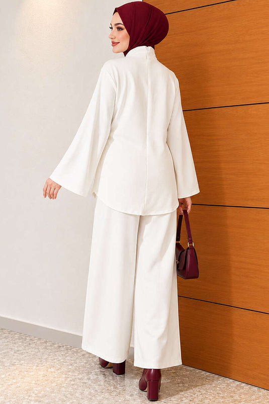 Belted Basic Two-Piece Set In Ecru