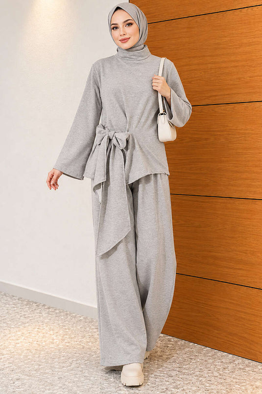 Ensemble Basic Deux-Pièces Avec Ceinture En Gris