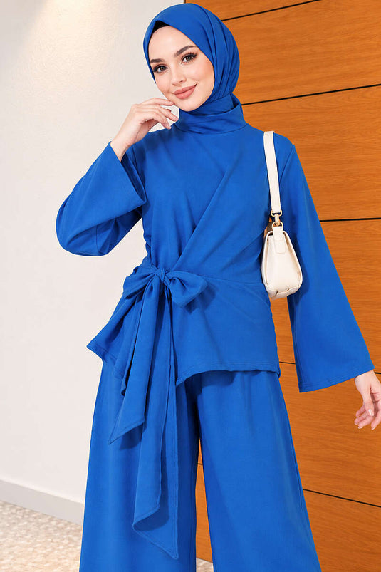 Belted Basic Two-Piece Set In Blue