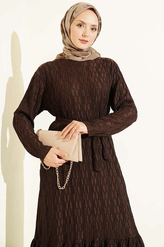 Belted Embossed Pattern Dress In Coffee