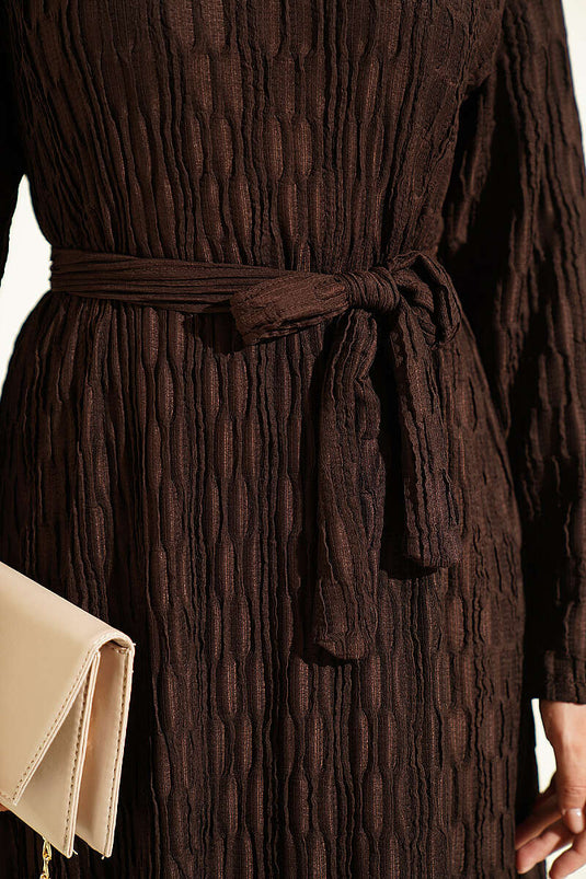 Belted Embossed Pattern Dress In Coffee