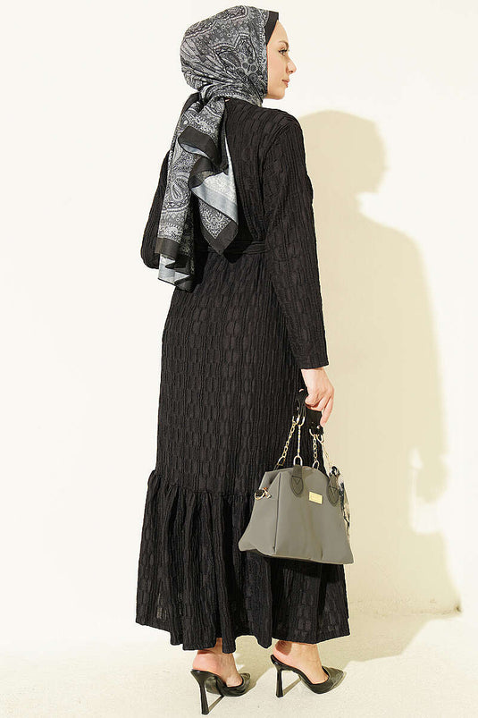 Belted Embossed Pattern Dress In Black