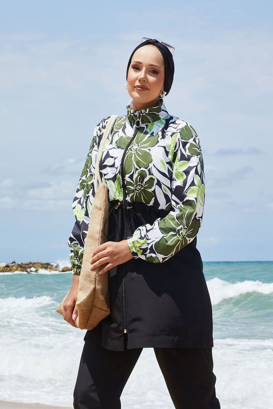 Maillot de bain hijab à motifs floraux avec taille plissée et couleur kaki