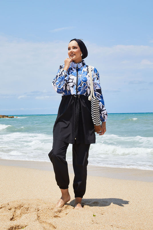 Maillot de bain modeste à motifs floraux avec taille plissée indigo