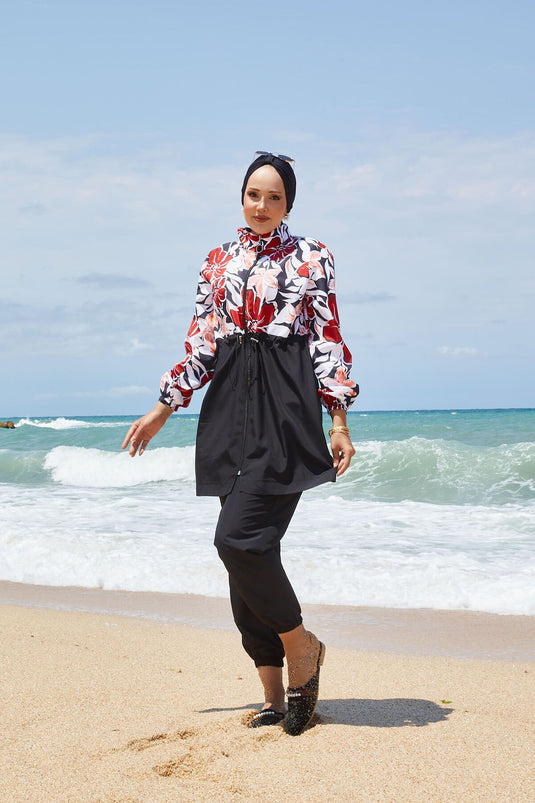 Maillot de bain hijab à motifs floraux avec taille plissée et rouge