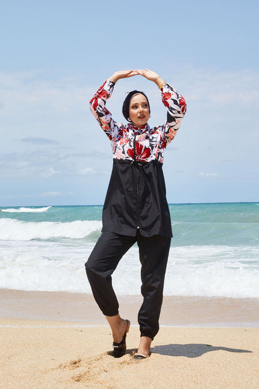 Maillot de bain hijab à motifs floraux avec taille plissée et rouge