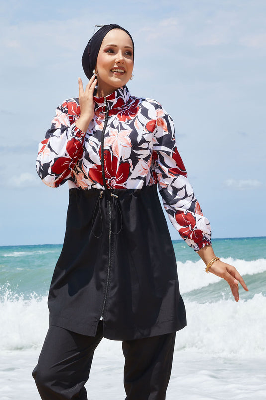 Maillot de bain hijab à motifs floraux avec taille plissée et rouge