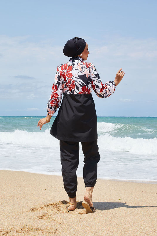 Maillot de bain hijab à motifs floraux avec taille plissée et rouge