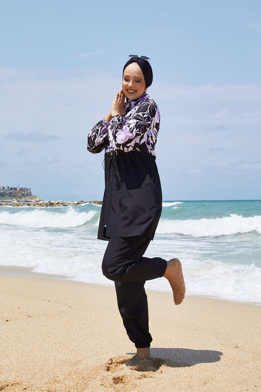 Maillot de bain modeste à motif floral avec taille plissée, lilas