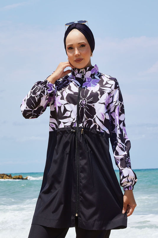 Maillot de bain modeste à motif floral avec taille plissée, lilas