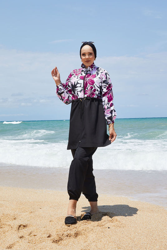 Maillot de bain modeste à motifs floraux avec taille plissée et violet