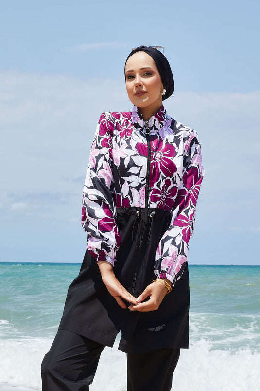 Maillot de bain modeste à motifs floraux avec taille plissée et violet