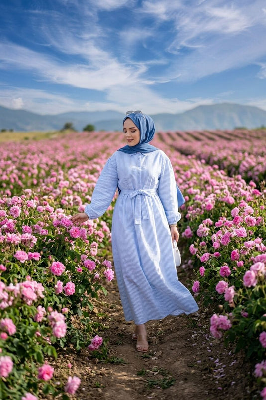 Acheter robe de modest fashion à rayures avec cordon de serrage bleu bébé