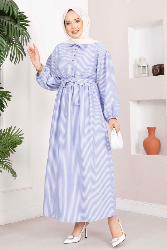 Robe Tesettür Rayée à Cordon de Serrage Indigo