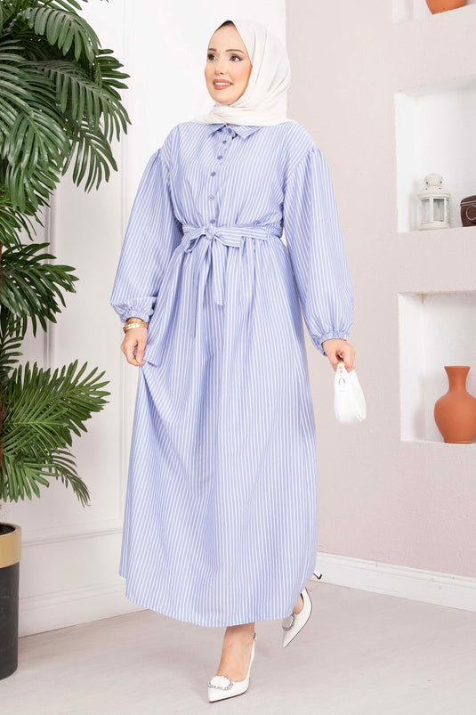 Robe Tesettür Rayée à Cordon de Serrage Indigo