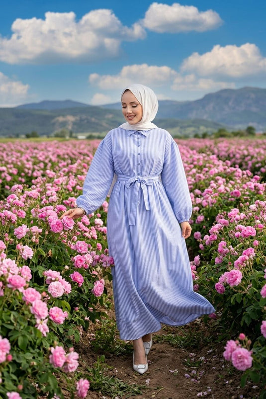 Robe Tesettür Rayée à Cordon de Serrage Indigo