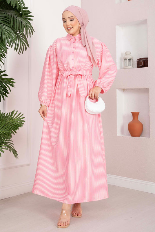 Achetez robe de modest fashion à rayures avec cordon de serrage rose
