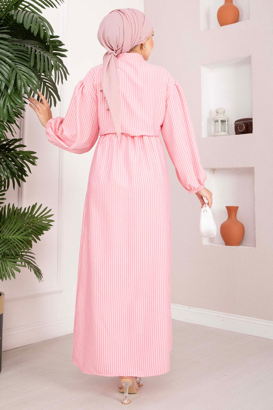 Achetez robe de modest fashion à rayures avec cordon de serrage rose