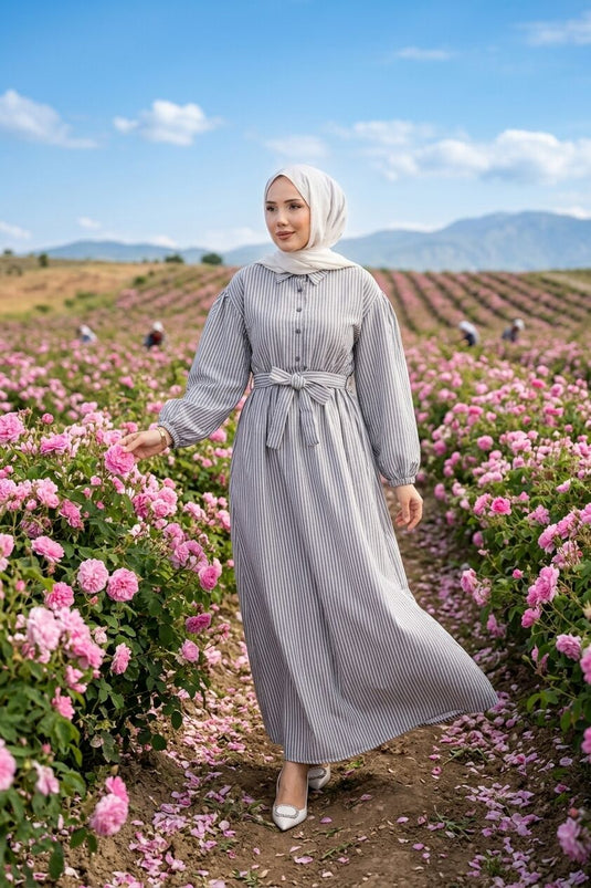 Robe Tesettür Modeste à Rayures avec Cordon de Serrage Noir