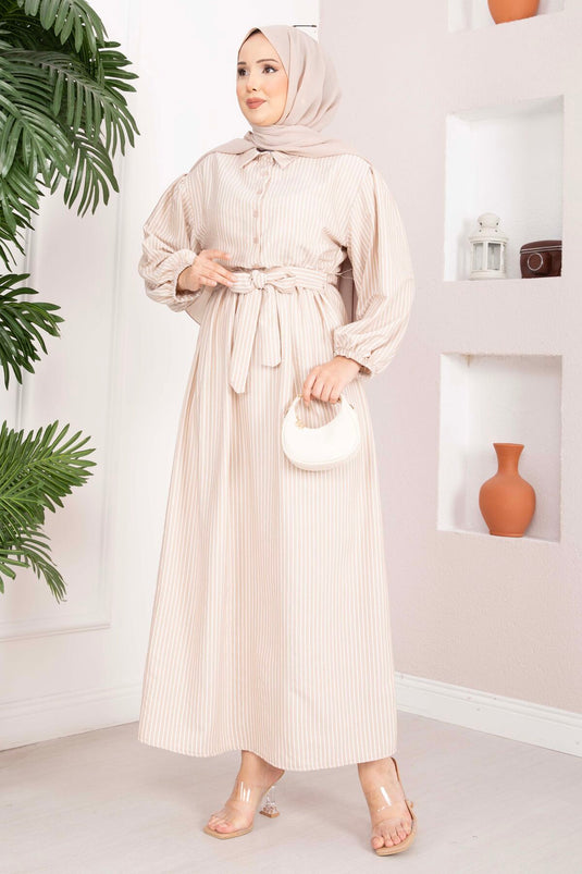 Robe Tesettür Modeste à Rayures avec Cordon de Serrage Couleur Vison