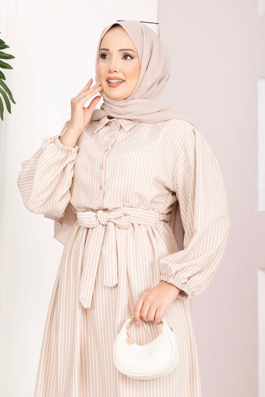 Robe Tesettür Modeste à Rayures avec Cordon de Serrage Couleur Vison