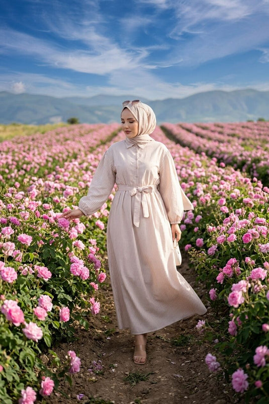 Robe Tesettür Modeste à Rayures avec Cordon de Serrage Couleur Vison