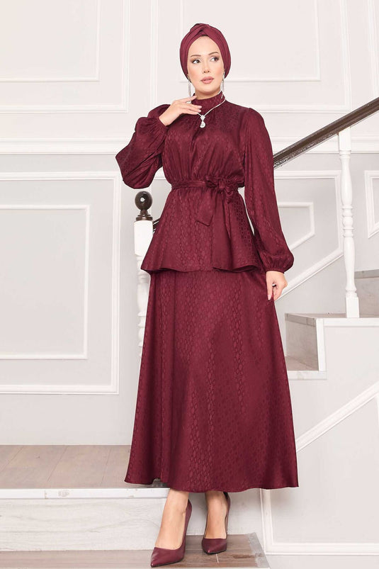 Beli Büzgülü Desenli Jakarlı Tesettür Takım Bordo