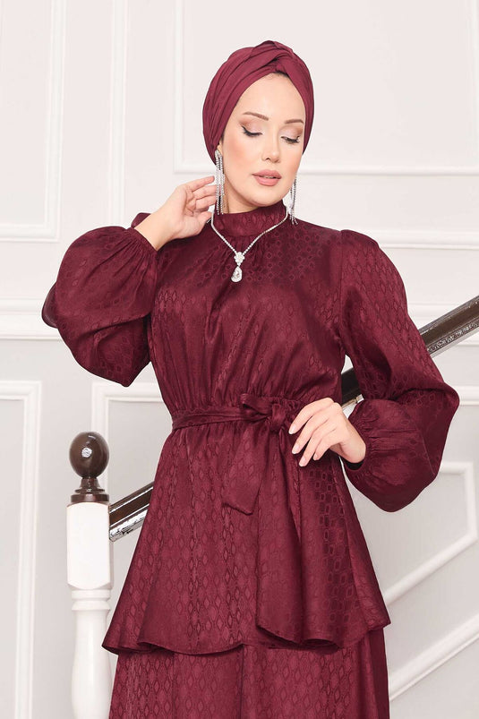 Pleated Waist Patterned Jacquard Hijab Suit Burgundy